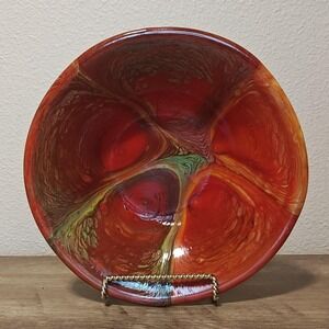 Swirled Art‎ Glass Bowl Red Orange Green Marbled Candy Dish Centerpiece